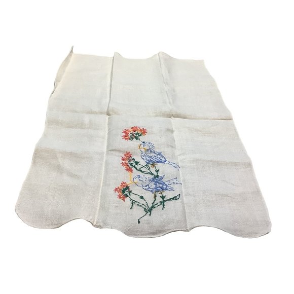 Vintage Linen Napkin Cross Stitch Embroidered Cream Floral Blue Jays 18" x 12" - Picture 7 of 9